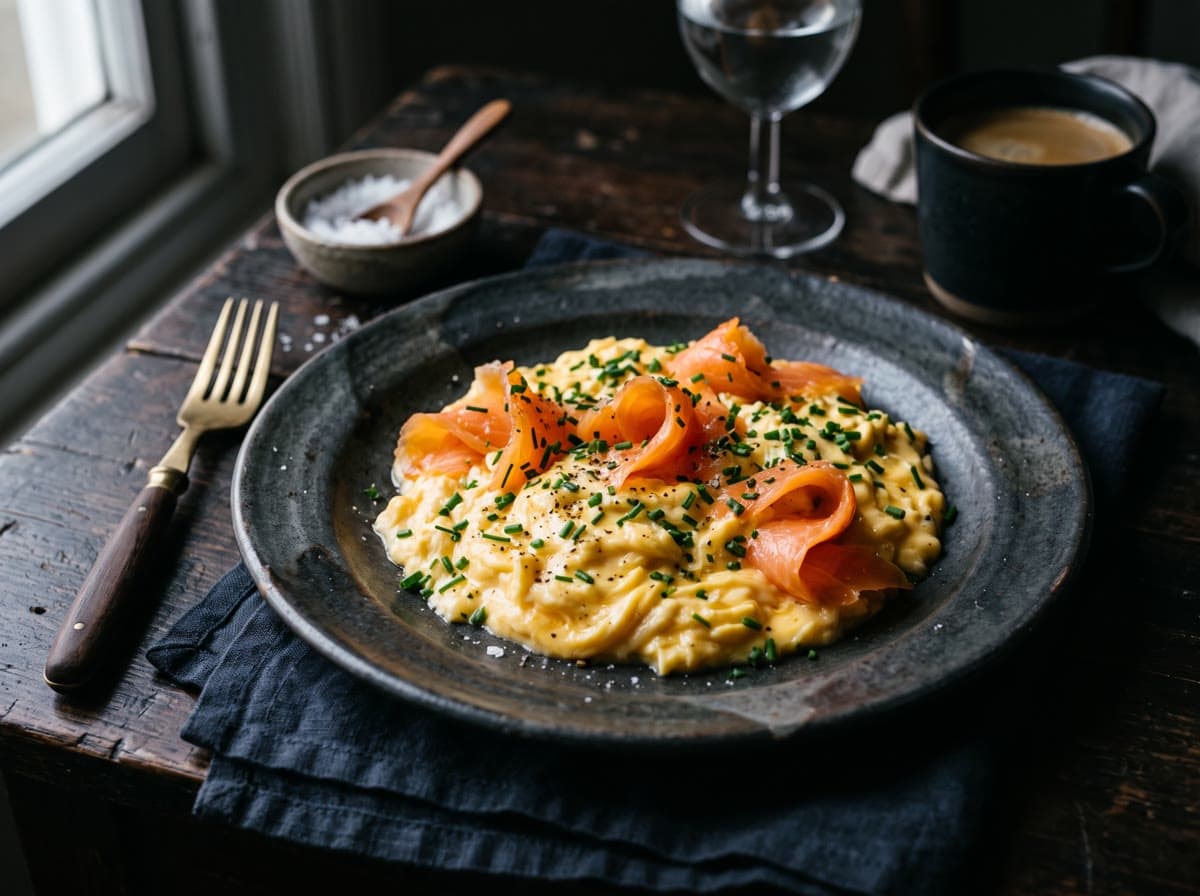 Сливочный скрэмбл с кусочками слабосолёной сёмги и зелёным луком